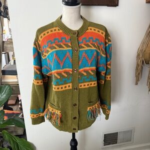 Vintage CARA SOHO Colorful Fringe Sweater L Ramie and Cotton